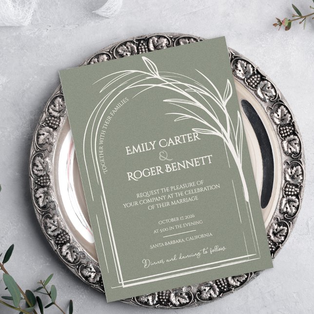 Faire-part de mariage botanique à arche de couleur (Sage Green Minimalist Arch Botanical Wedding Invitation Flat Card | Modern Elegant Wedding Invite)