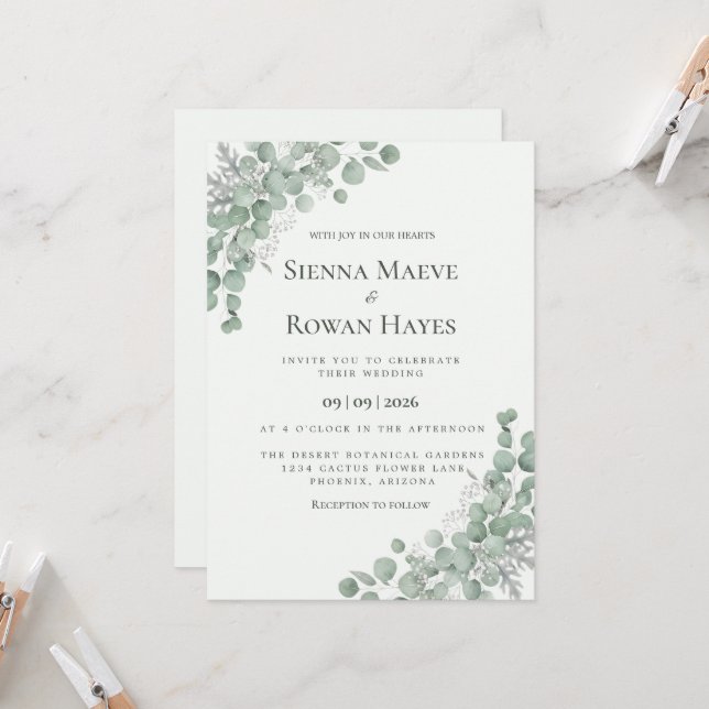 Faire-part de mariage botanique à feuilles d'eucal (Devant/Arrière en situation)