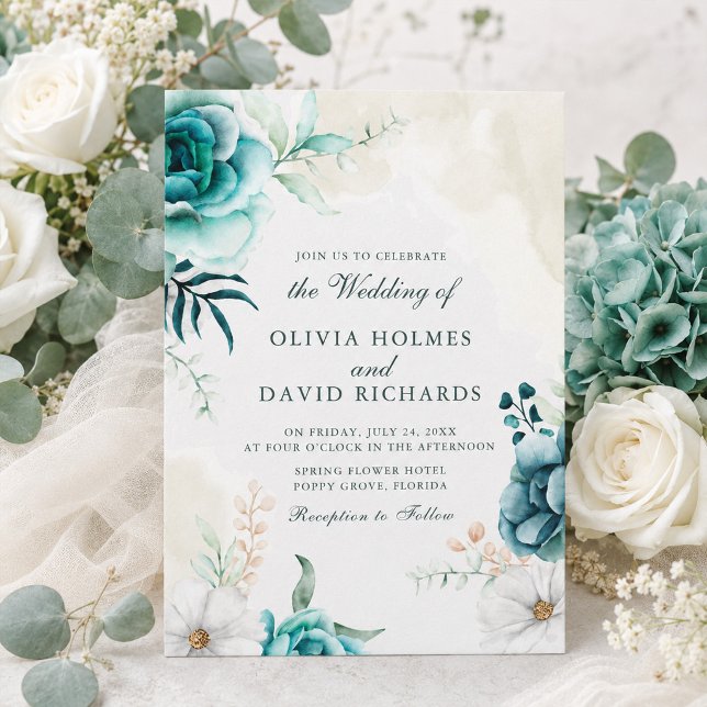 Faire-part de mariage botanique à fleurs sauvages  (Boho Teal Wildflower Botanical Wedding Invitation)