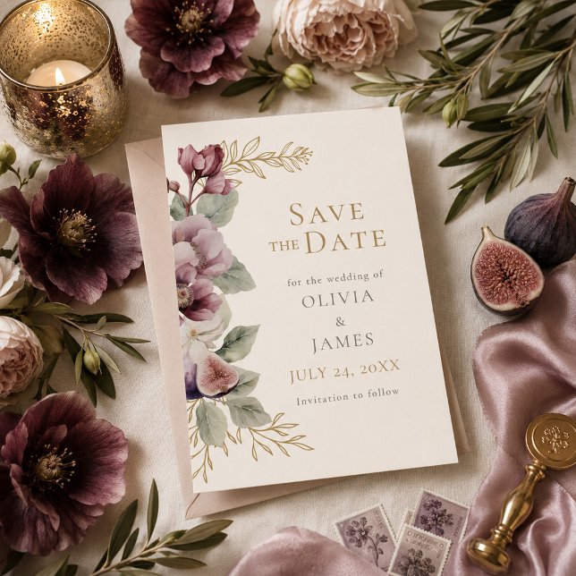 Faire-part de mariage botanique à la prune et à l' (Plum & Olive Botanical Wedding Save the Date Invitation)