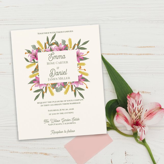 Faire-part de mariage botanique à la rose lily rom (Blush Pink Lily Botanical Wedding Invitation Flat Card | Romantic Watercolor Floral Garden Wedding )