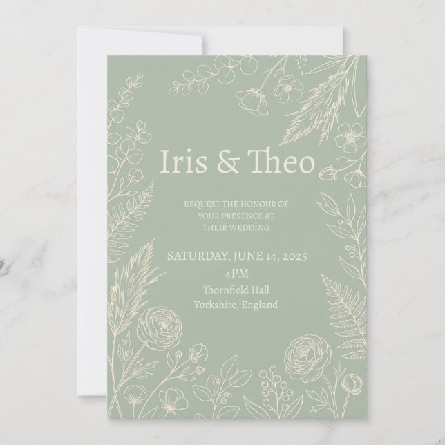 Faire-part de mariage botanique à la sauge (Devant)