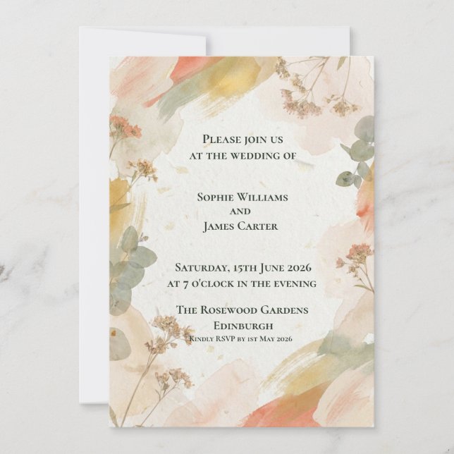 Faire-part de mariage botanique aquarelle automnal (Devant)