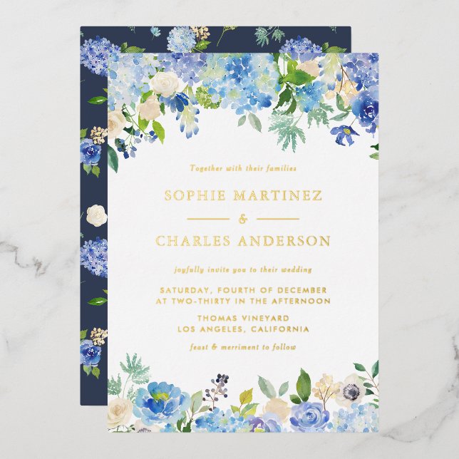 Faire-part de mariage botanique aux hortensias aqu (Recto/Verso)