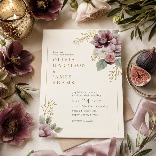 Faire-part de mariage botanique aux tons prune et  (Plum & Olive Botanical Wedding Invitation)