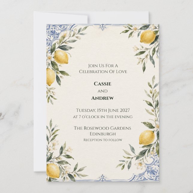 Faire-part de mariage botanique bleu citron (Devant)