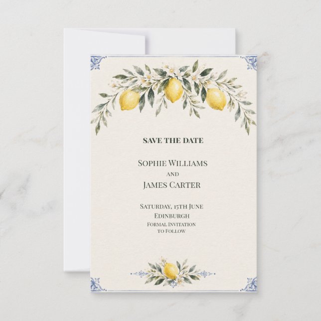 Faire-part de mariage botanique bleu citron (Devant)