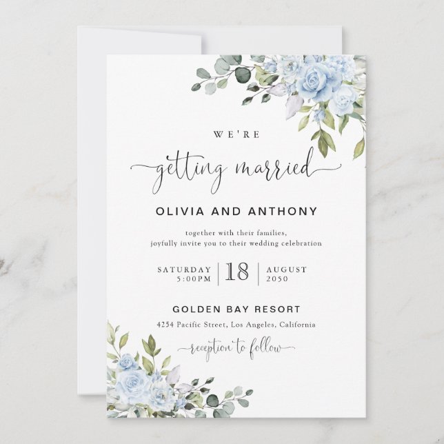 Faire-part de mariage botanique bleu doux (Devant)