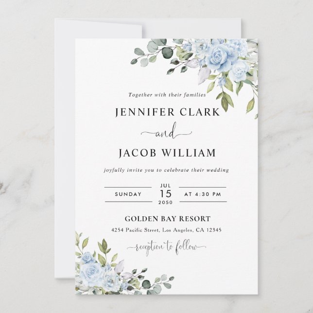 Faire-part de mariage botanique bleu doux (Devant)