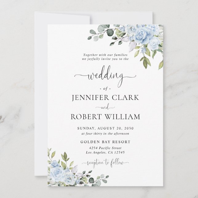 Faire-part de mariage botanique bleu doux (Devant)