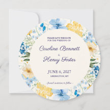 Faire-part de mariage botanique bleu et jaune