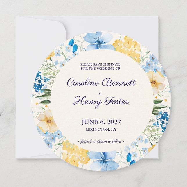 Faire-part de mariage botanique bleu et jaune (Devant)