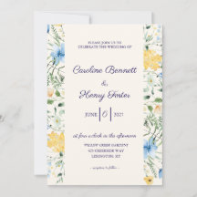 Faire-part de mariage botanique bleu et jaune