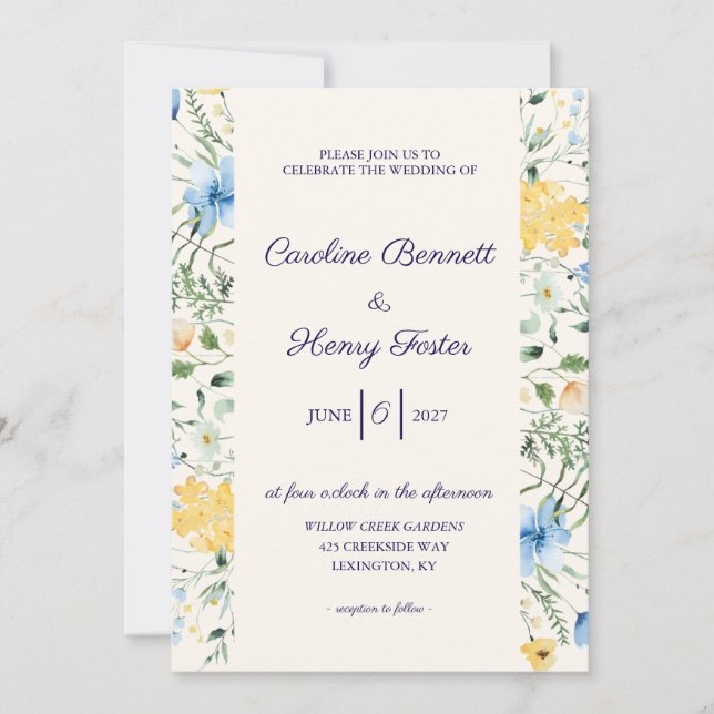 Faire-part de mariage botanique bleu et jaune (Devant)