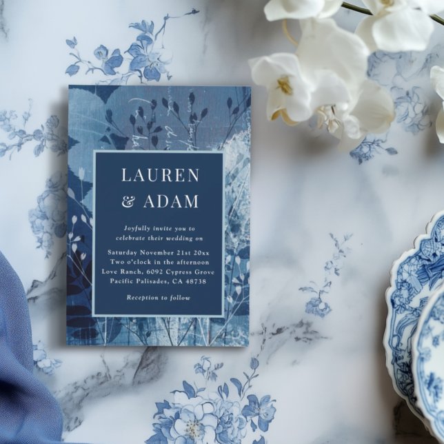 Faire-part de mariage botanique bleu foncé moderne (Créateur téléchargé)