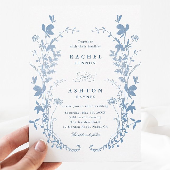 Faire-part de mariage botanique bleu français élég (Créateur téléchargé)