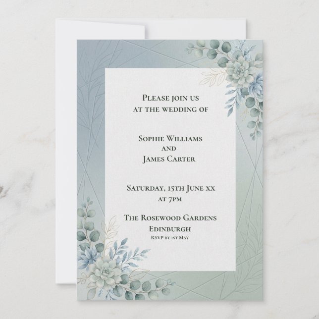 Faire-part de mariage botanique bleu pâle (Devant)