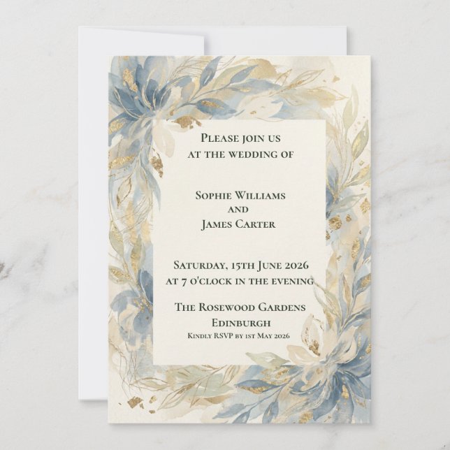 Faire-part de mariage botanique bleu poussiéreux (Devant)