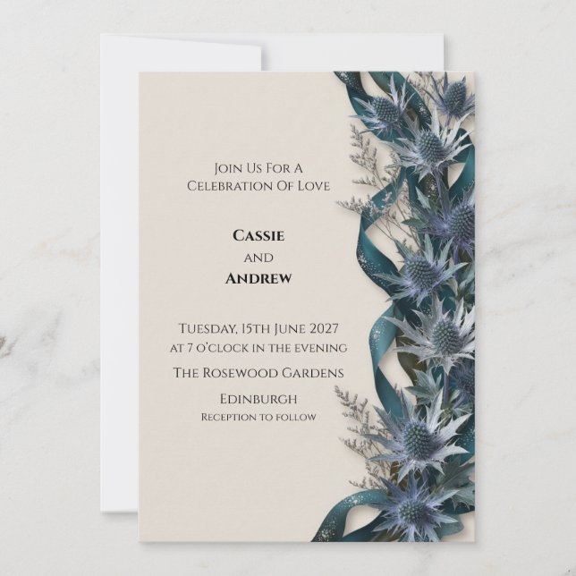 Faire-part de mariage botanique Blue Thistle (Devant)