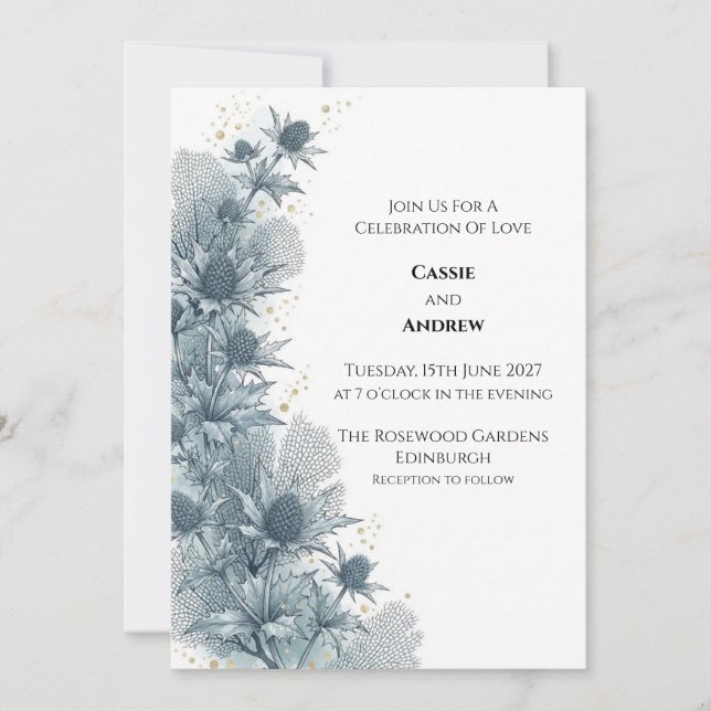 Faire-part de mariage botanique Blue Thistle (Devant)