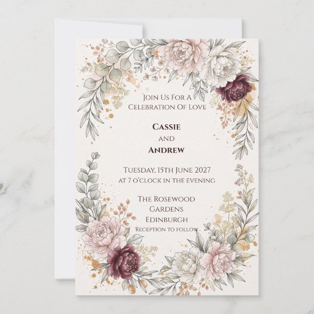 Faire-part de mariage botanique Burgundy Blush (Devant)