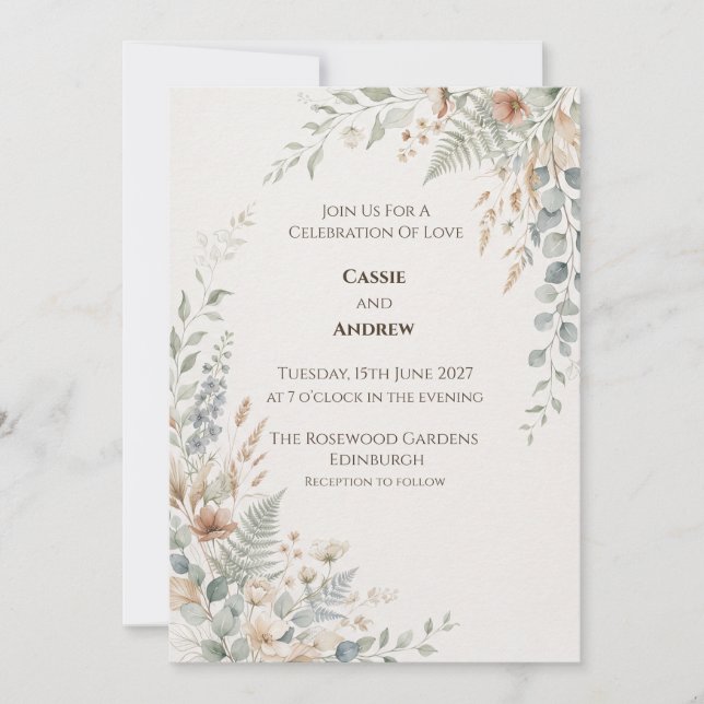 Faire-part de mariage botanique Corail Bleu (Devant)