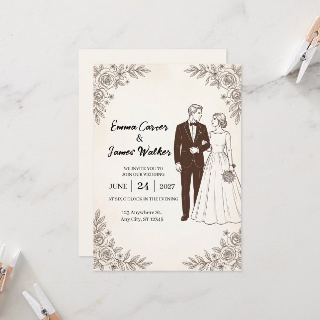 Faire-part de mariage botanique couple en ligne ar (Devant/Arrière en situation)