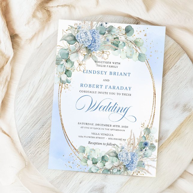 Faire-part de mariage botanique de blé d'hortensia (Romantic Blue Hydrangea Wheat Botanical Wedding Invite)