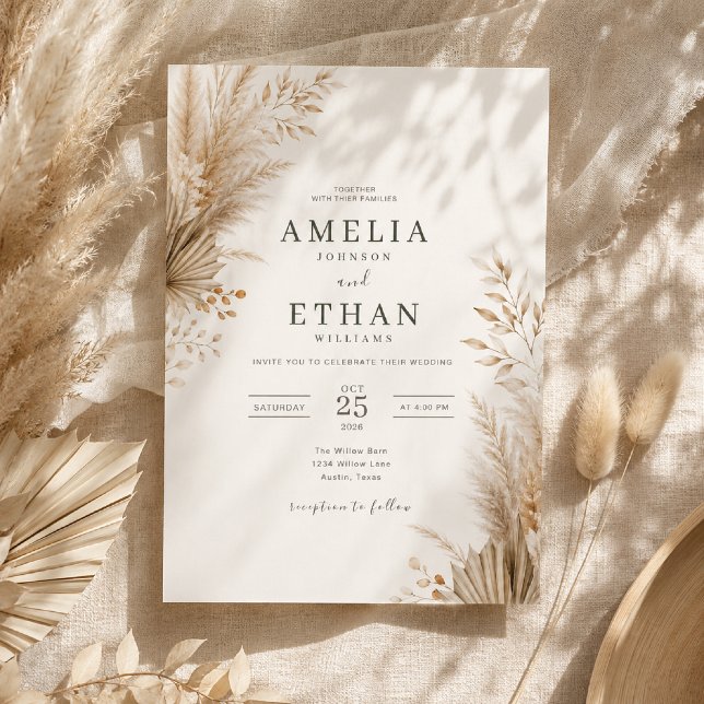 Faire-part de mariage botanique des Pampas neutre (Neutral Pampas Botanical invitation with elegant boho florals and timeless earthy tones.)