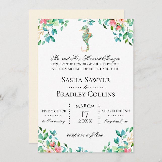 Faire-part de mariage botanique d'hippocampe (Devant / Derrière)