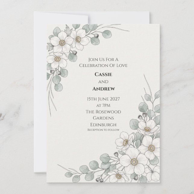 Faire-part de mariage botanique Eucalyptus Anémone (Devant)