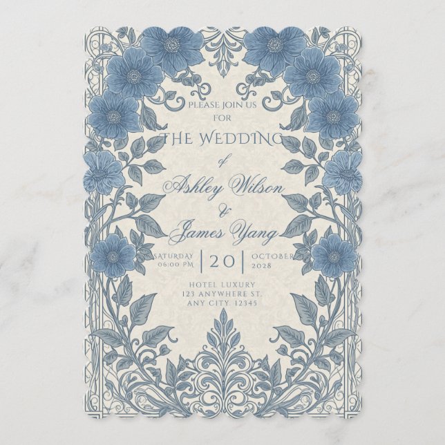 Faire-part de mariage botanique floral bleu argent (Devant)
