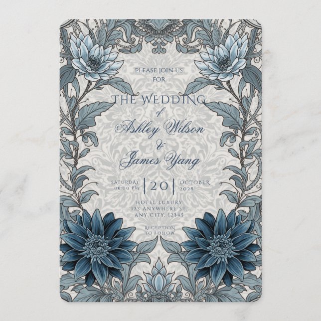 Faire-part de mariage botanique floral bleu argent (Devant)