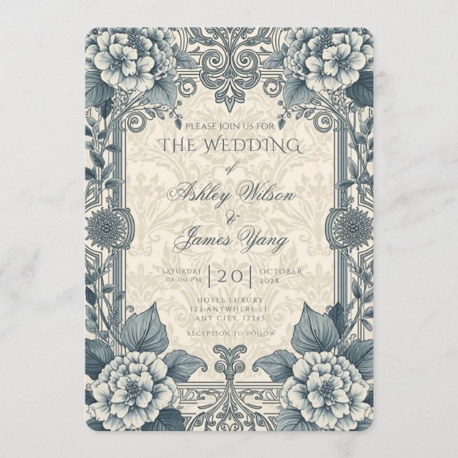 Faire-part de mariage botanique floral bleu argent (Devant)