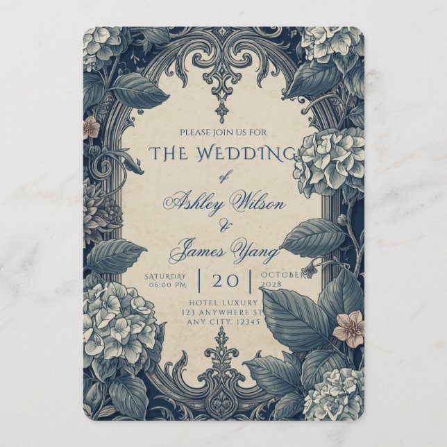 Faire-part de mariage botanique floral bleu élégan (Devant)