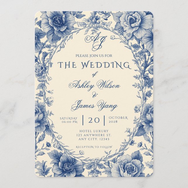 Faire-part de mariage botanique floral bleu élégan (Devant)