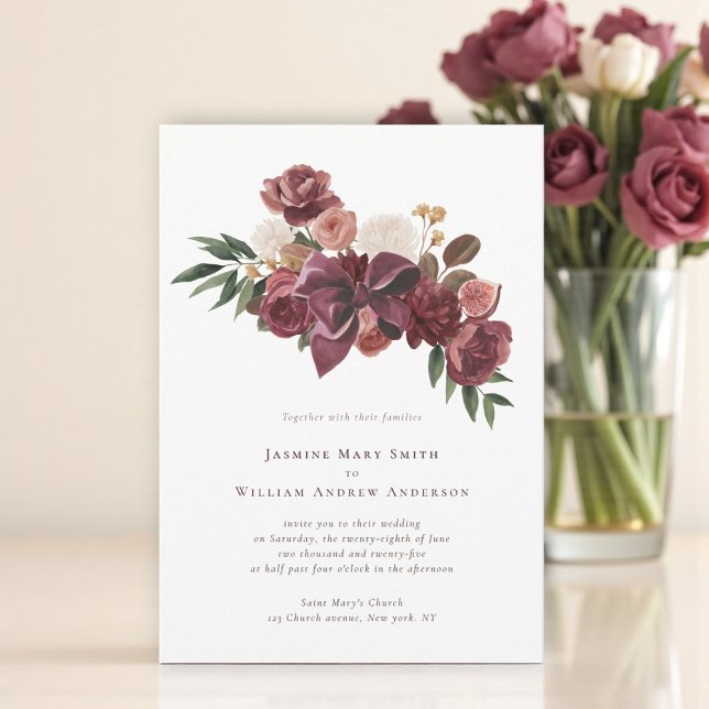 Faire-part de mariage botanique floral bordeaux él (Créateur téléchargé)