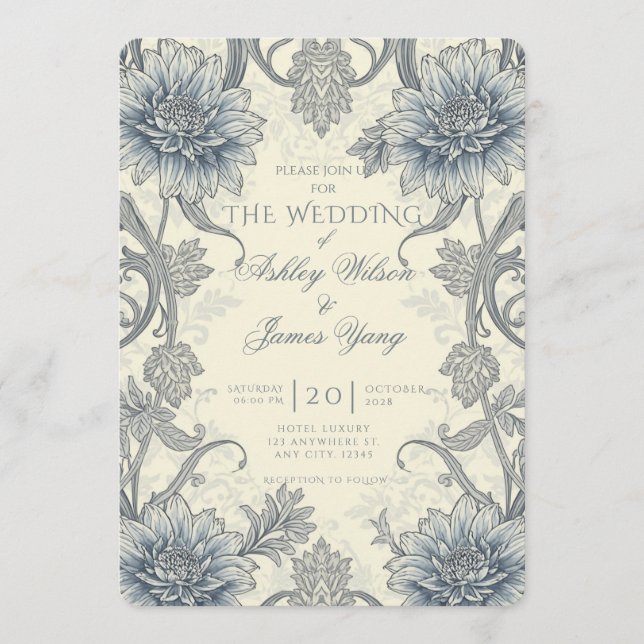 Faire-part de mariage botanique floral gris bleu (Devant)