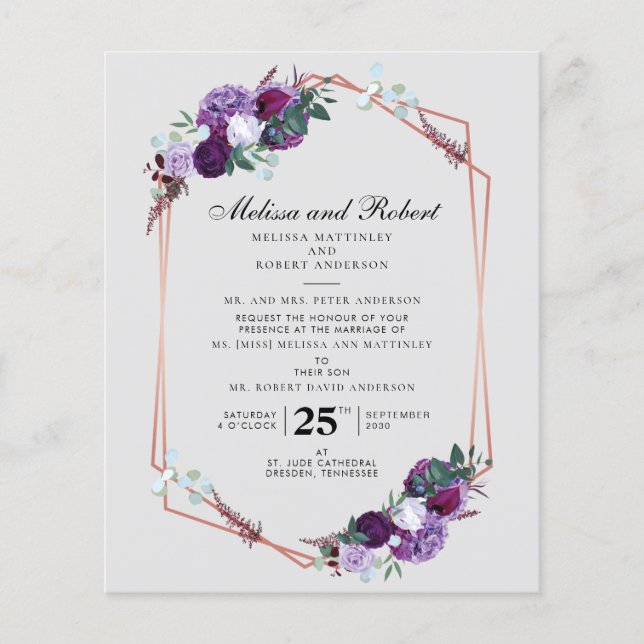 Faire-part de mariage botanique floral pourpre (Devant)