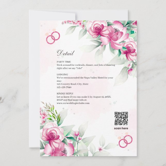 Faire-part de mariage botanique floral rose fuchsi (Dos)