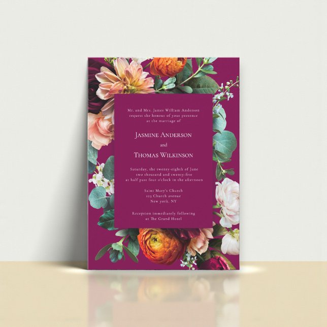 Faire-part de mariage botanique floral rose profon (Créateur téléchargé)