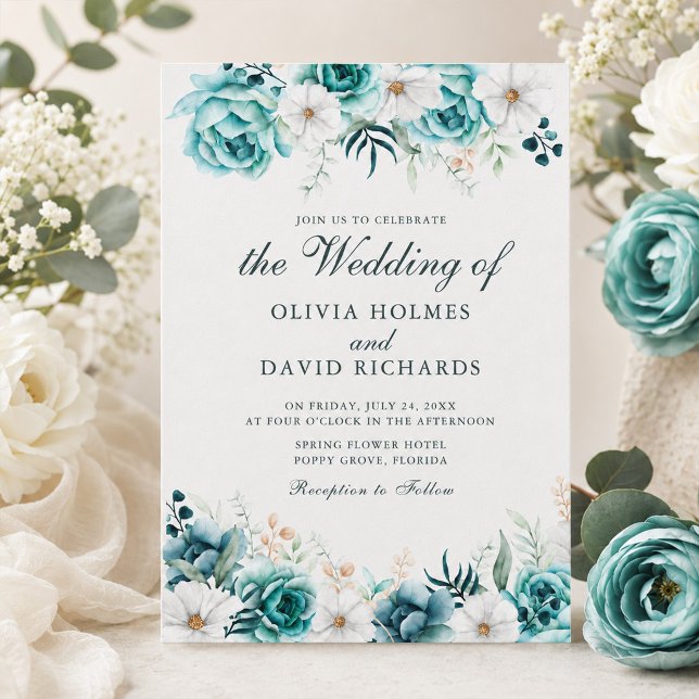 Faire-part de mariage botanique floral sarcelle mo (Modern Teal Floral Botanical Wedding Invitation)