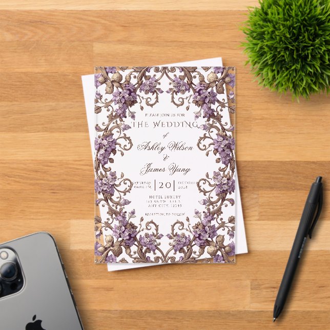 Faire-part de mariage botanique floral violet élég (Insitu (Carte d'invitation))