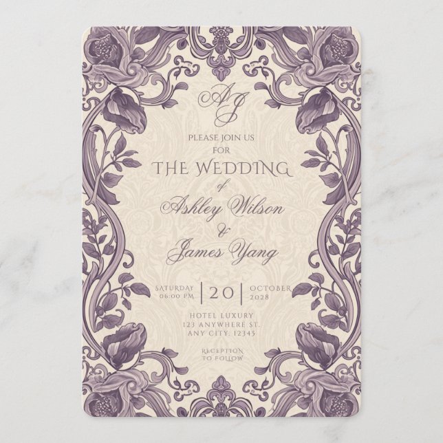 Faire-part de mariage botanique floral violet élég (Devant)