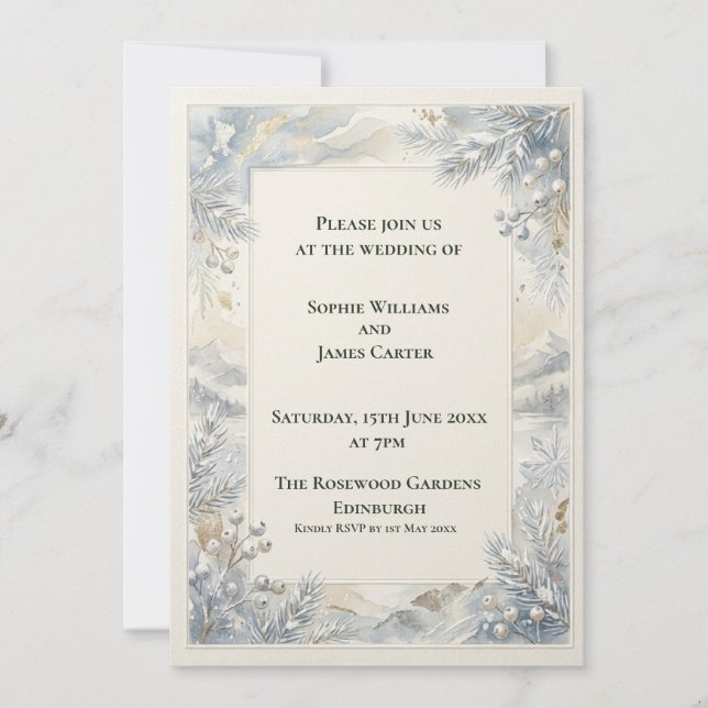 Faire-part de mariage botanique gris-bleu (Devant)