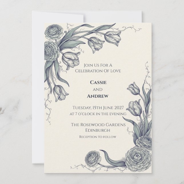 Faire-part de mariage botanique gris-bleu (Devant)