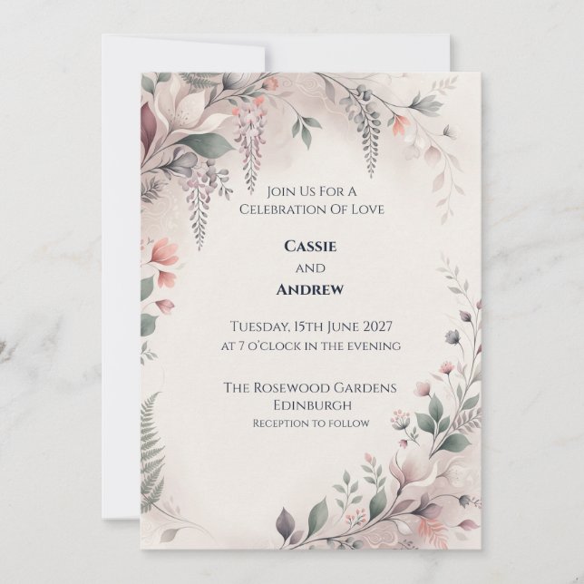 Faire-part de mariage botanique gris-rose (Devant)