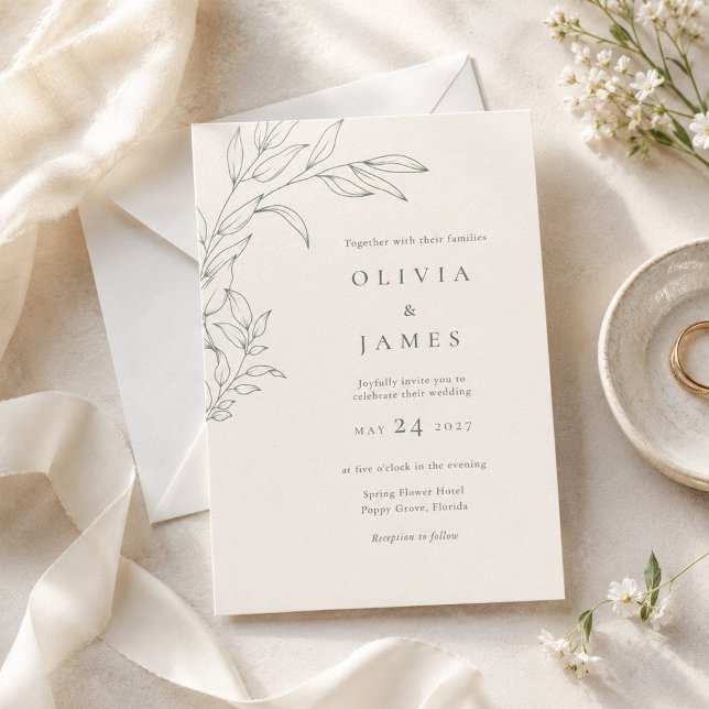 Faire-part de mariage botanique ivoire Sage modern (Modern Sage Ivory Botanical Wedding Invitation on an elegant table with rings and wedding decor)