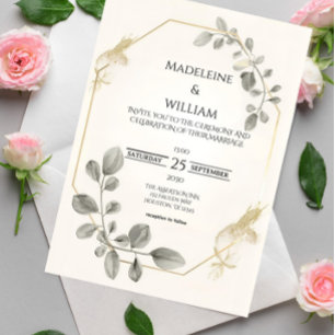 Faire-part de mariage botanique minimaliste en or