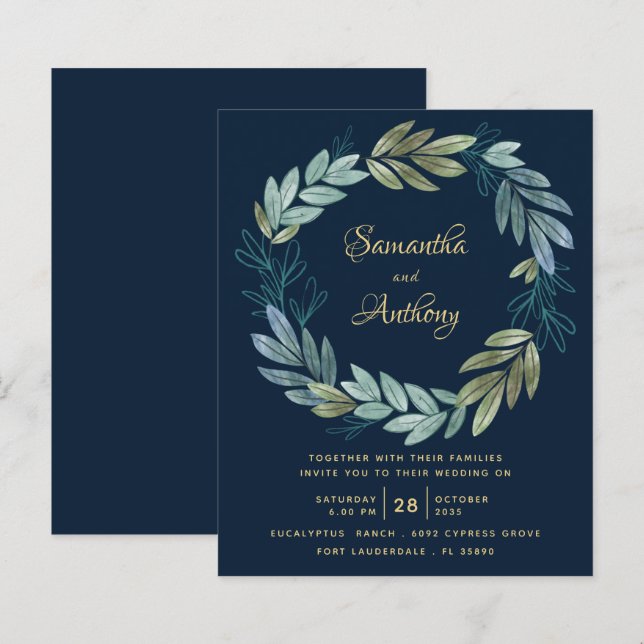 Faire-part de mariage botanique Navy Gold à budget (Devant / Derrière)
